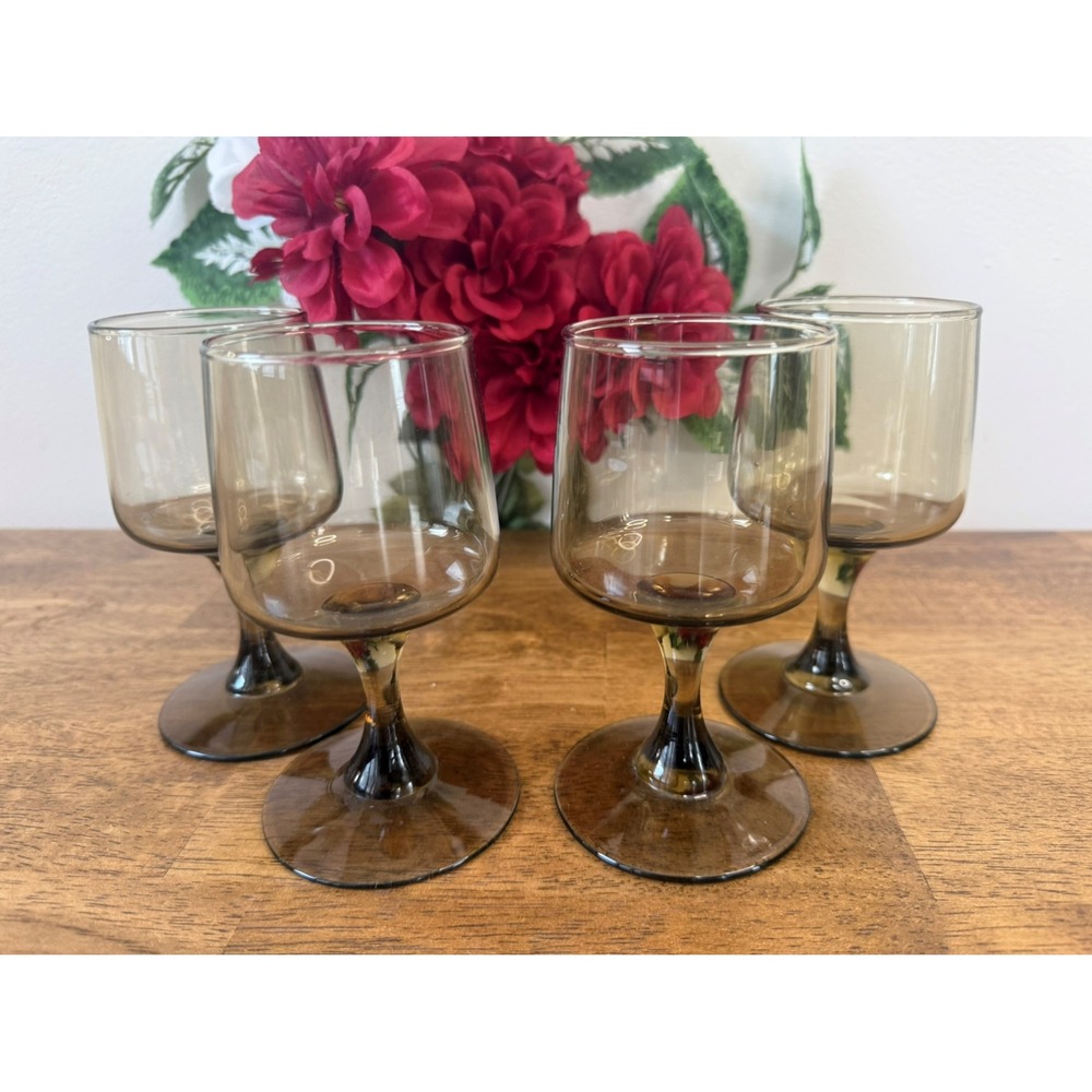 Vintage Smoked Glass Pedestal Wine Goblets‎ Set MCM Barware Retro Bar Cart